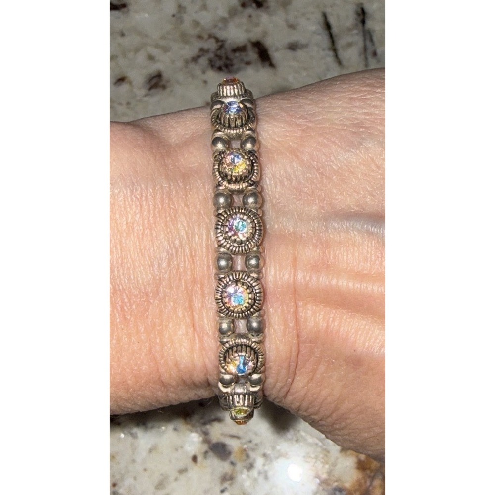Silver‑Tone Iridescent Crystal Link Bracelet Toggle Clasp 7.5"